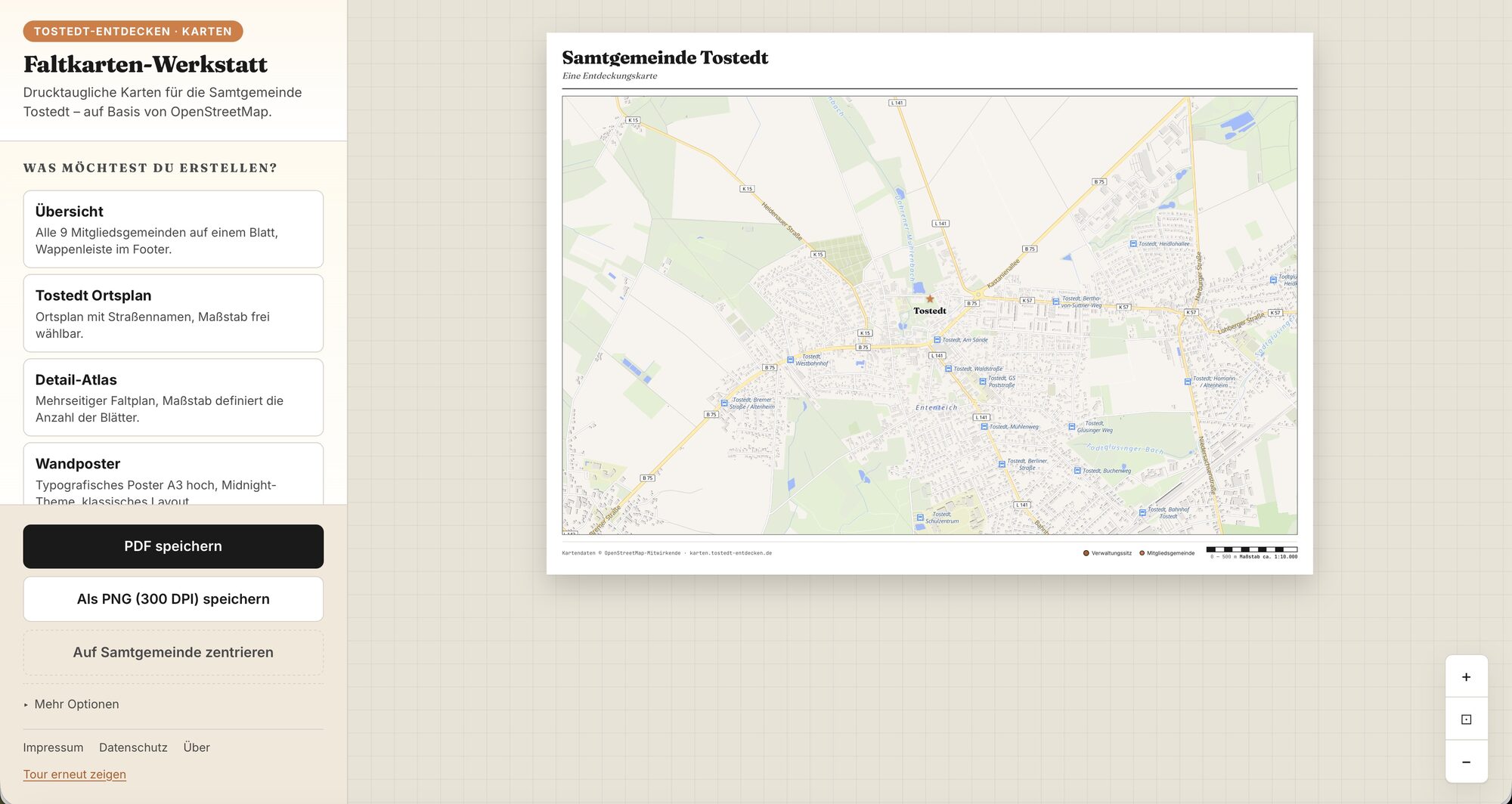 Screenshot der Faltkarten-Werkstatt mit einer druckbaren Übersichtskarte der Samtgemeinde Tostedt